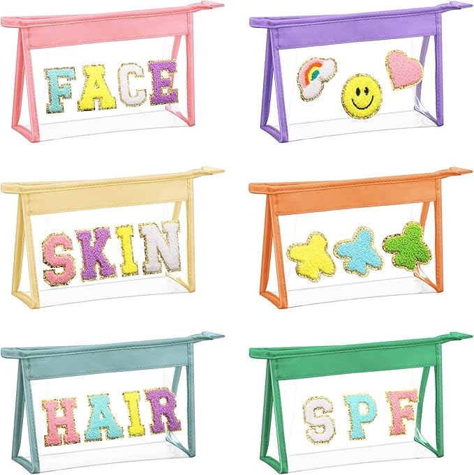 6 Pcs Clear Preppy Patch Makeup Bag Nylon Cosmetic Bag PVC Zipper Varsity Letter Toiletry Bag Mul... | Amazon (US)