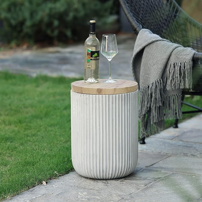 LuxenHome 18" Outdoor Side Table with Storage, Cement Patio End Table with Wood Finish Lid, Accen... | Amazon (US)