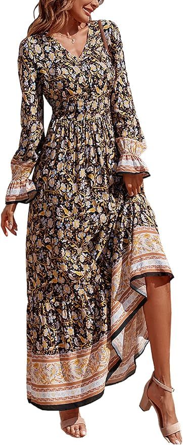 PRETTYGARDEN Long Sleeve Maxi Dress for Women - V Neck Casual Button Down Boho Floral Print Fall ... | Amazon (US)