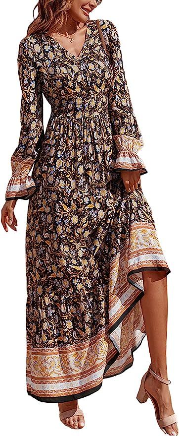 PRETTYGARDEN Long Sleeve Maxi Dress for Women - V Neck Casual Button Down Boho Floral Print Fall ... | Amazon (US)