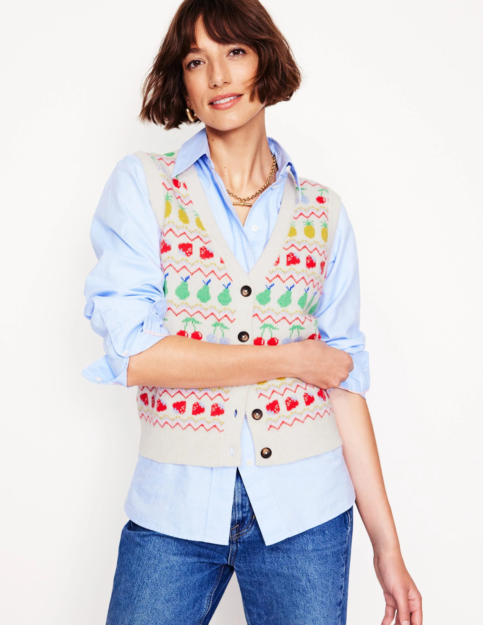 Edie Fair Isle Waistcoat-Ecru Marl, Fruit | Boden (US)