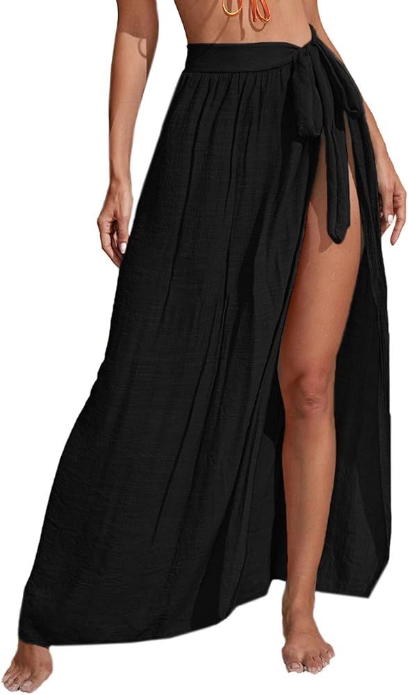 SheIn Women's Beach Sarong Swimsuit Cover Up Tie Waist Split Wrap Maxi Skirt | Amazon (US)