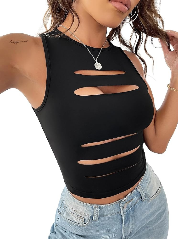 LovelyWholesale Women Sexy Cut Out Crop Tank Tops Crew Neck Summer Sleeveless Top | Amazon (US)