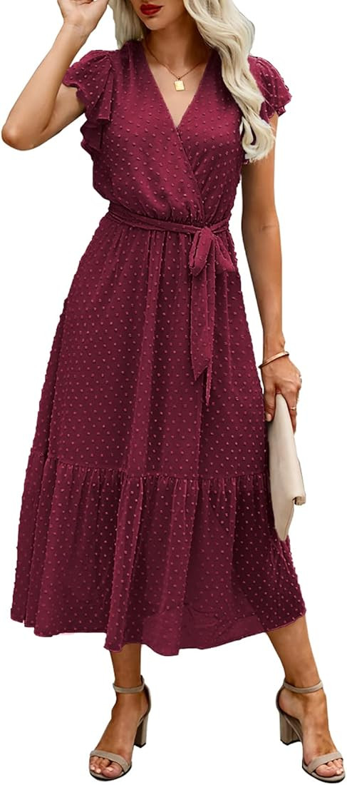 BTFBM Women Summer Bohemian Floral Casual Wrap V Neck Ruffle Cap Sleeveless Belt A-Line Pleated H... | Amazon (US)