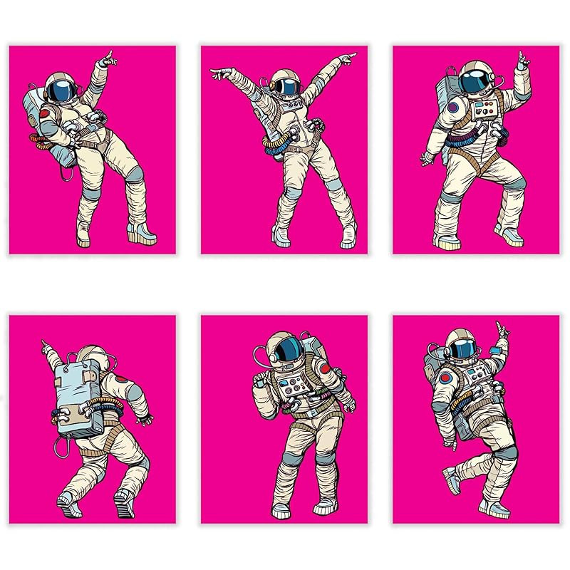 6 Pink Dancing Astronaut Wall Prints | Outer Space Men & Women Funky Moves for Girl's Room Dorm A... | Amazon (US)