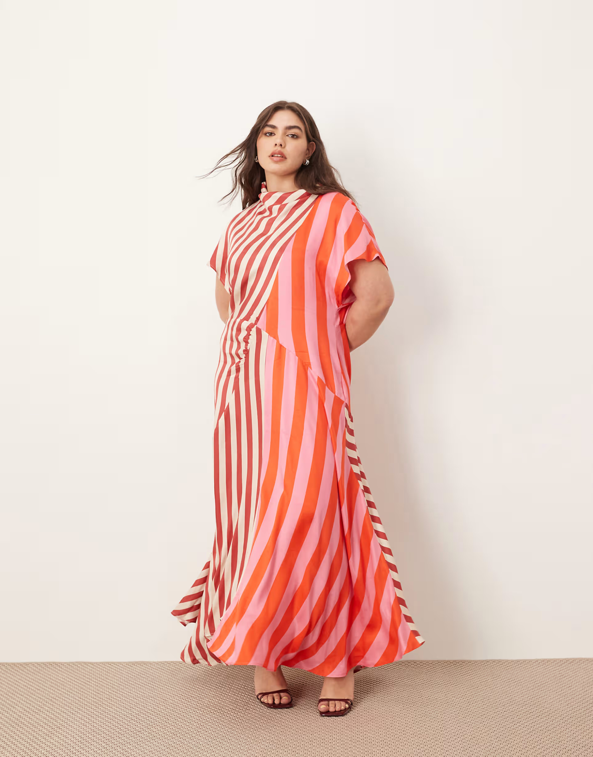 ARRANGE Curve cowl neck maxi dress with asymmetric hem in colourblock stripe | ASOS (Global)