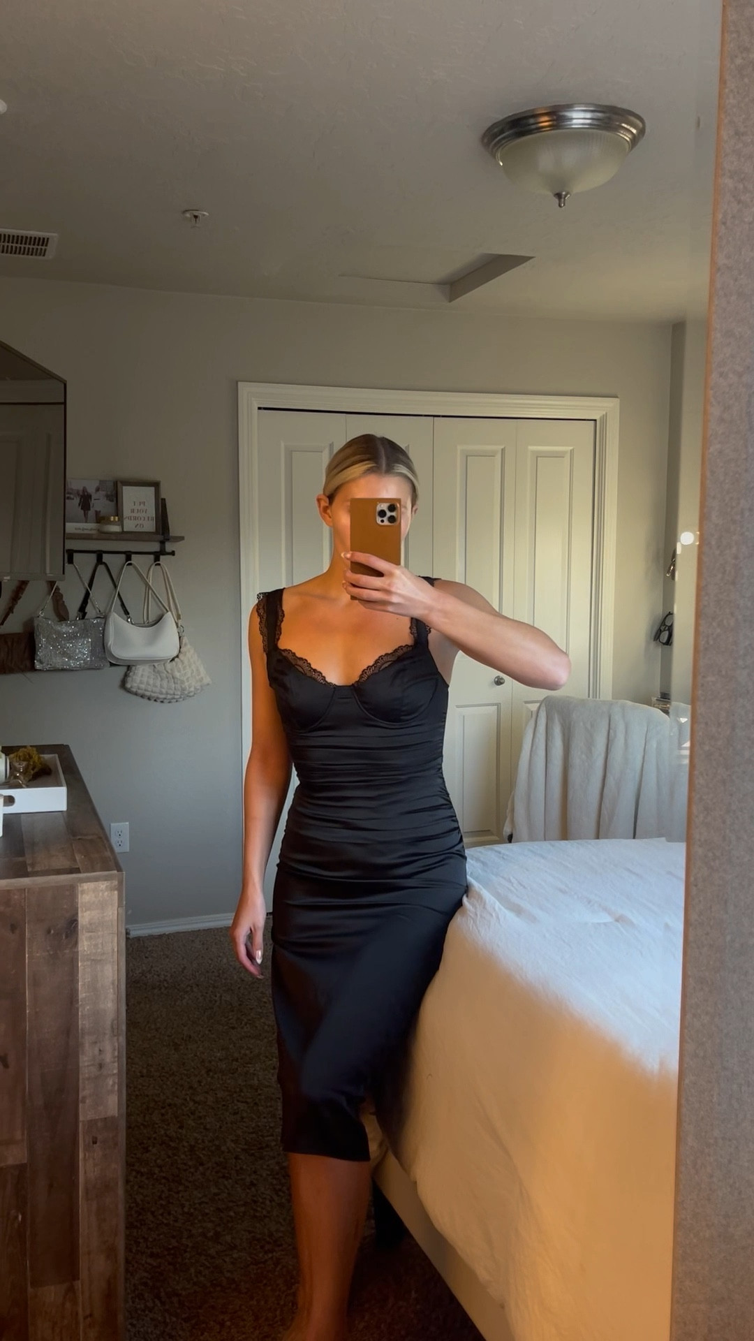 ASTR the label: black satin lace trim midi dress 

wearing a size S 

#LTKSeasonal #LTKwedding #LTKHoliday