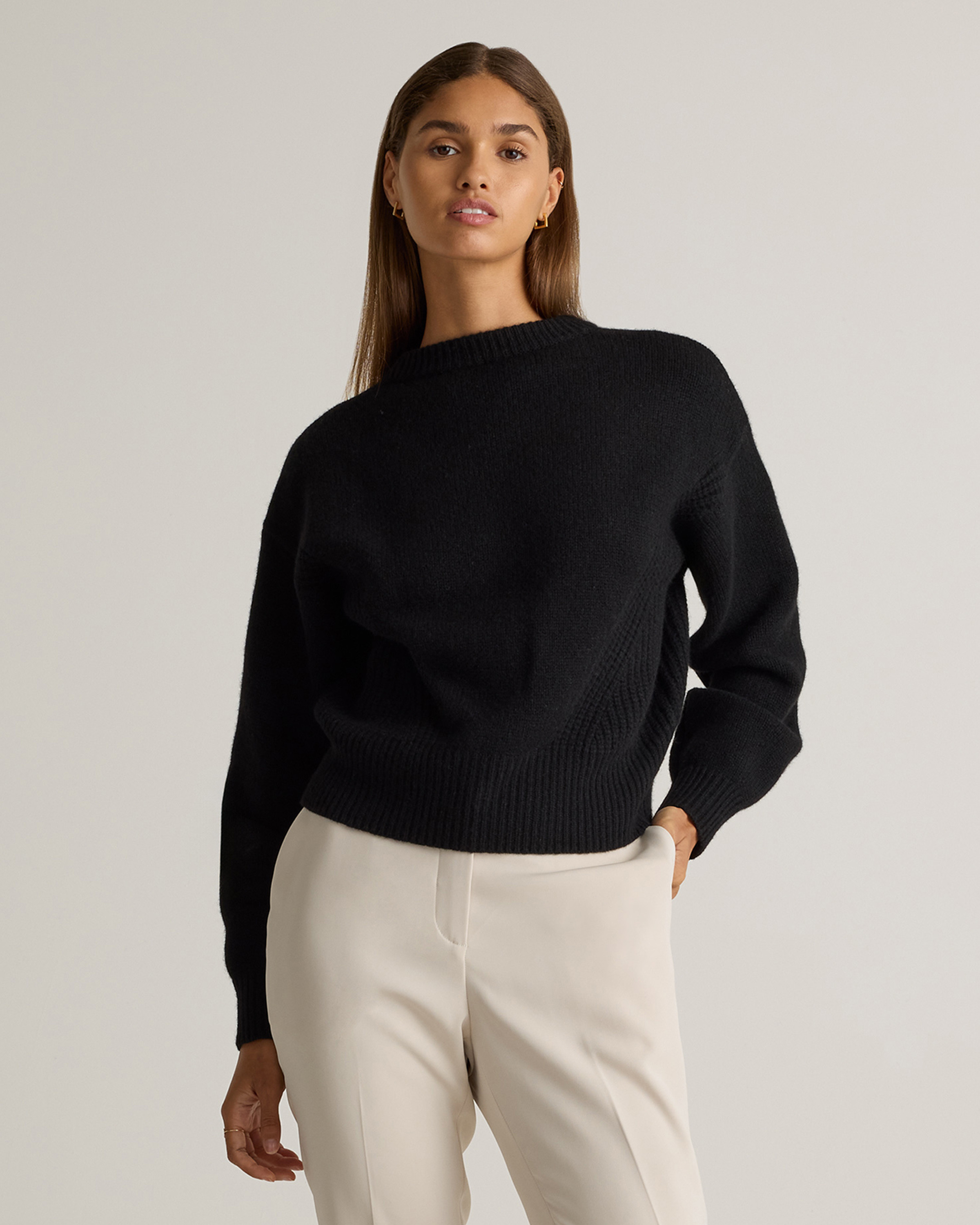Quince | Women's 100% Yak Wool Pointelle Detail Relaxed Crew Neck Alpaca Sweater in Black, Size Large | Quince