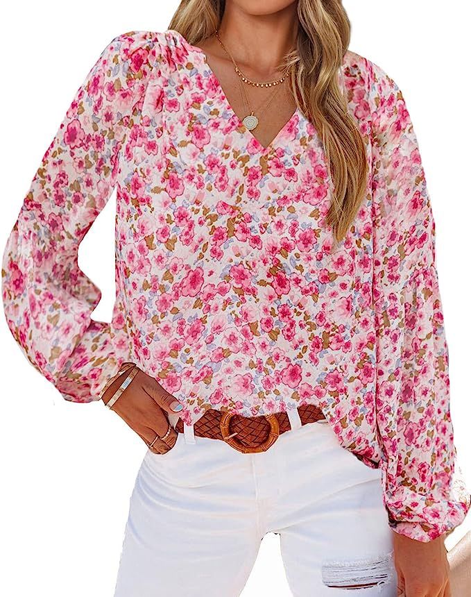 BTFBM Women Boho Floral Print Blouse Shirts V Neck Long Puff Sleeve Loose Lightweight Casual Chif... | Amazon (US)