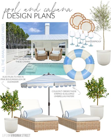 Amalfi Coast inspired pool and cabana plans! Includes natural color chaise lounge chairs, outdoor swivel chairs, bamboo melamine plates, shatterproof wine glasses, a live olive tree, fluted planters, striped pillows and more! See the full plan and more details here: https://lifeonvirginiastreet.com/amalfi-coast-inspired-pool-and-cabana-design-plans/.
.
#ltkhome #ltkseasonal #ltksalealert #ltkfindsunder50 #ltkfindsunder100 #ltkstyletip Walmart patio furniture, pottery barn patio furniture, coastal decor. Coastal patio

#LTKHome #LTKSeasonal #LTKSaleAlert