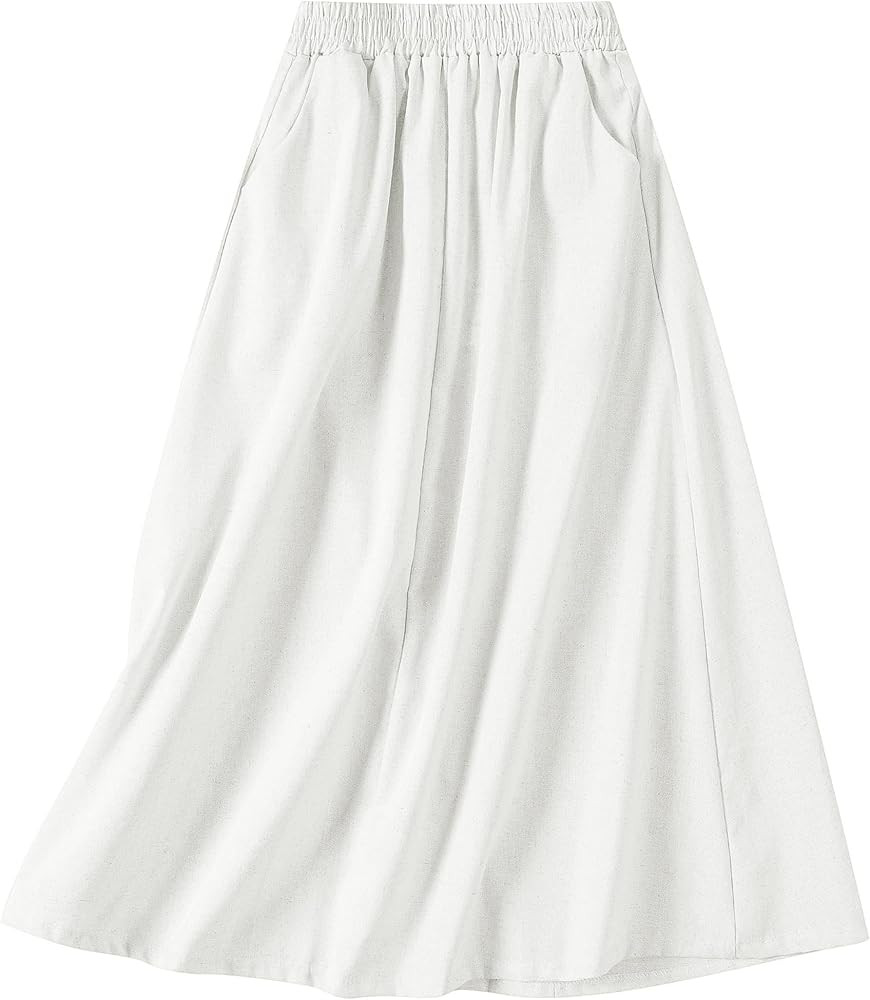 SANGTREE Women's Cotton Linen Midi Skirt with Pockets Casual Flowy Swing Elastic High Waist A-Lin... | Amazon (US)