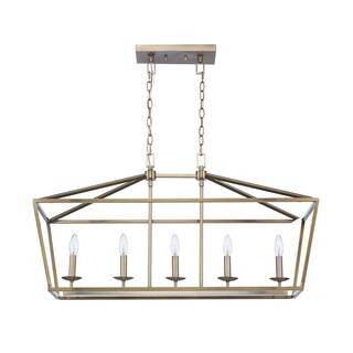 Home Decorators Collection Weyburn 36 in. 5-Light Brushed Brass Farmhouse Linear Chandelier Light... | The Home Depot