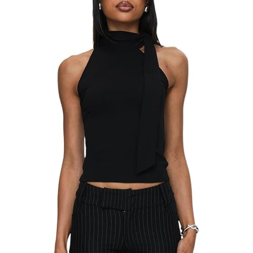 Women Turtle Neck Sleeveless Tank Top Summer Casual Solid Color Slim Fitted Bow Tie Up Crop Tops Streetwear (Black, S) | Amazon (US)