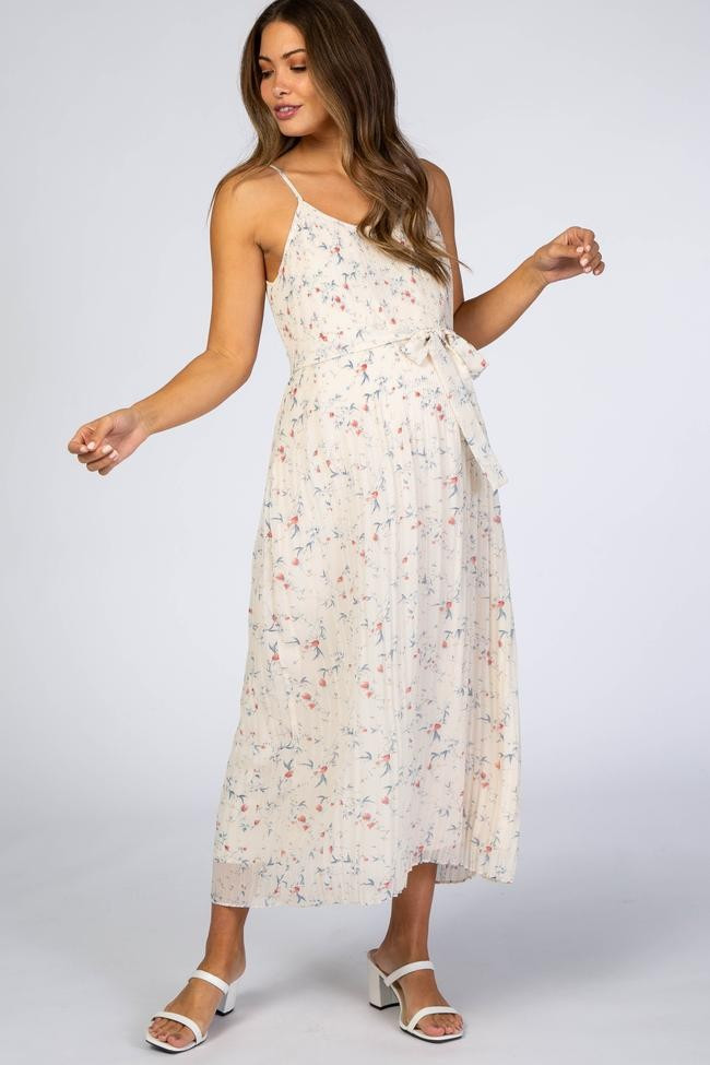Cream Floral Chiffon Maternity Midi Dress | PinkBlush Maternity