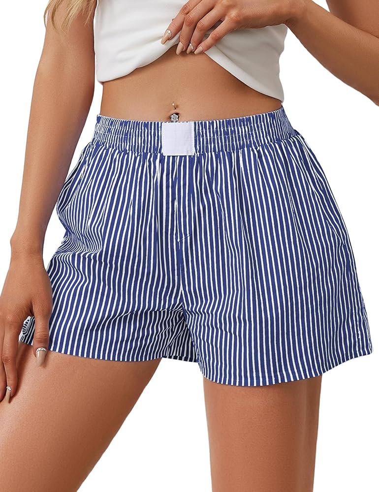 Womens Lounge Shorts Y2k Striped Print Elastic Waist Pajama Shorts Cute Boxers Bottoms With Pocke... | Amazon (US)