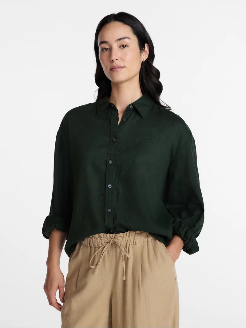 Time and Tru Women's Linen Blend Button Front Cropped Top with Long Sleeves, Sizes XS-XXXL | Walmart (US)