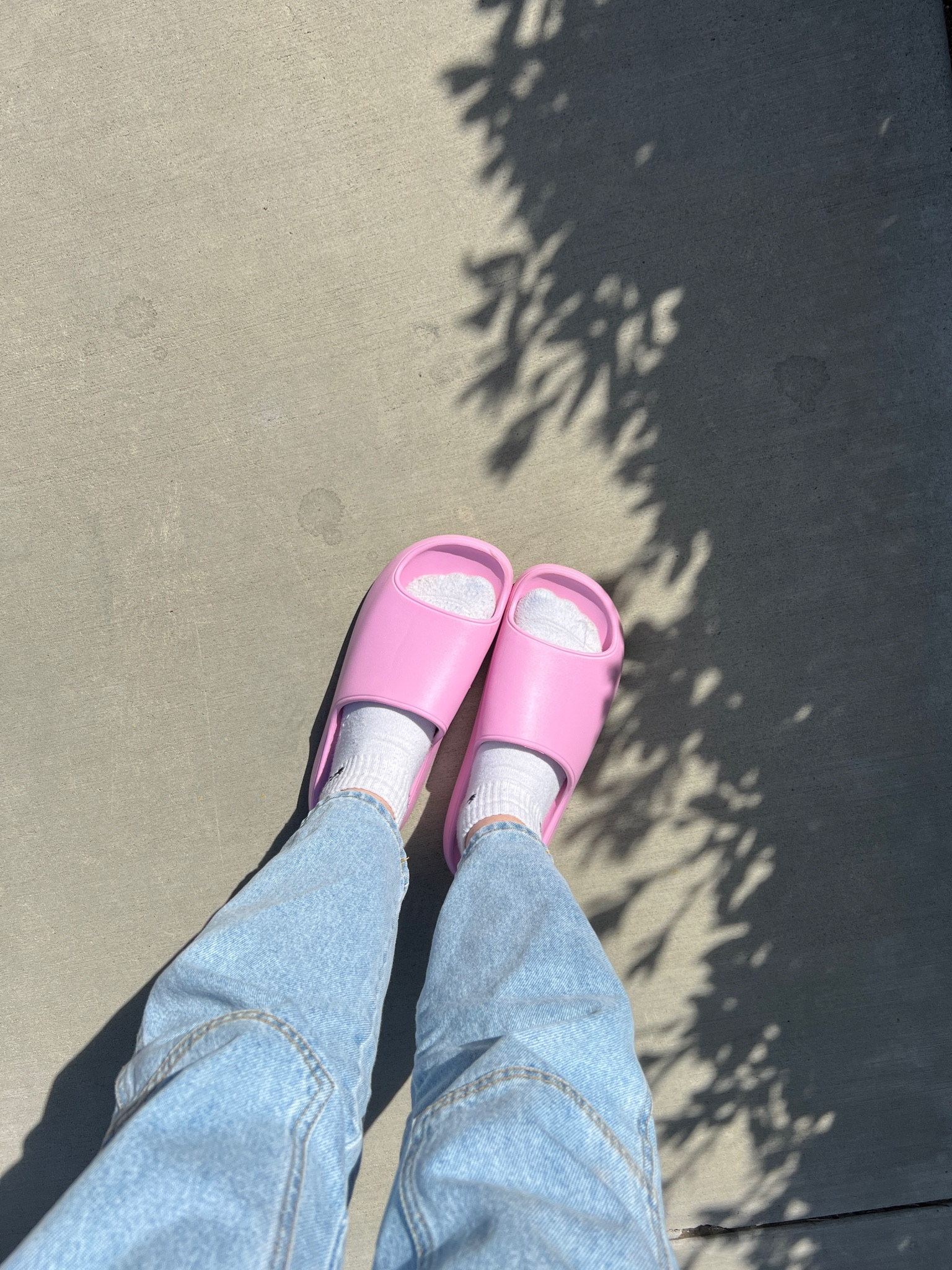 pink slide shoes with white nike socks and light blue denim pants 💓☁️

#LTKfit #LTKshoecrush #LTKSeasonal
