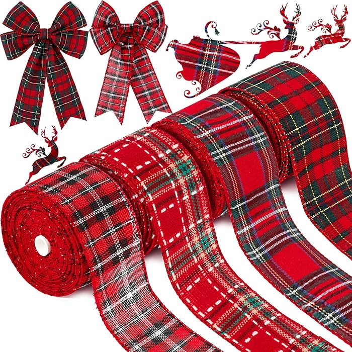 4 Rolls Christmas Red Plaid Ribbons Checkered Wired Edge Wrapping Ribbons Thin Plaid Burlap Ribbo... | Amazon (US)