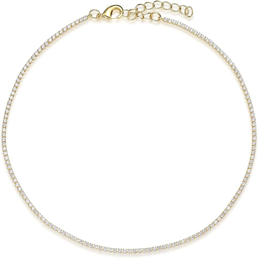 Vescence Cubic Zirconia Choker Adjustable 12-14 Inch | 1.75mm Round Cut Tennis CZ Chain Necklace ... | Amazon (US)