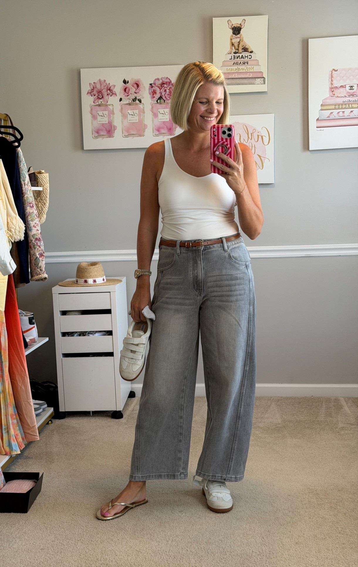 Grey barrel jeans TTS (wear size small)
White tank with built in bra TTS
White Velcro sneakers

#LTKootd #LTKOver40 #LTKMidsize