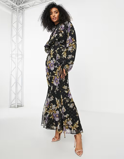 ASOS DESIGN high neck drape maxi dress in floral fil coupe with belt | ASOS (Global)