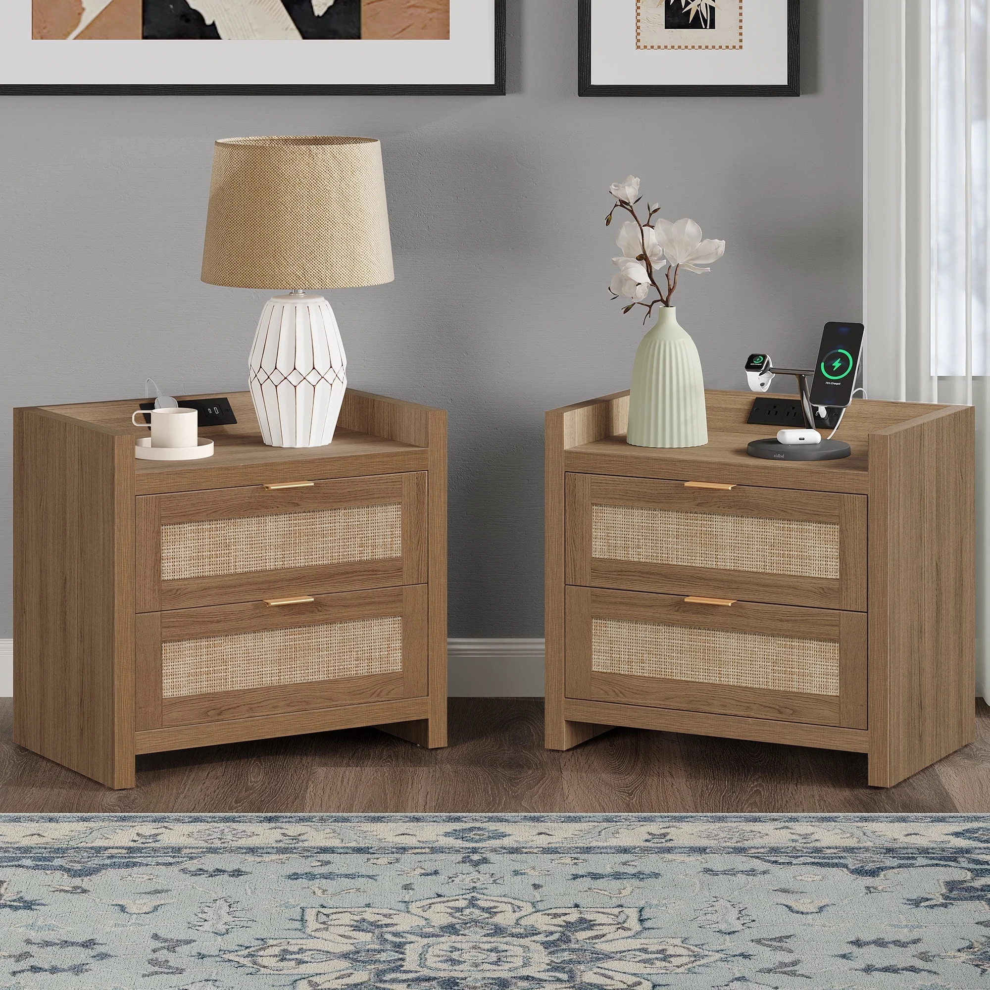 SICOTAS Rattan Nightstands Set of 2 with Charging Station, USB Port, Boho Bedside Table with 2 St... | Walmart (US)