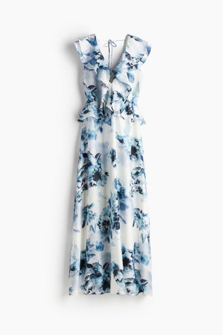Blue and white floral ruffle midi dress 

#LTKfindsunder100 #LTKstyletip #LTKSeasonal