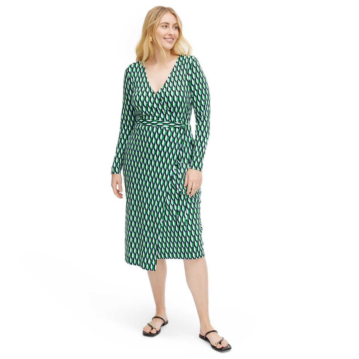 Women's Long Sleeve Midi Arrow Geo Green Wrap Dress - DVF for Target S | Target