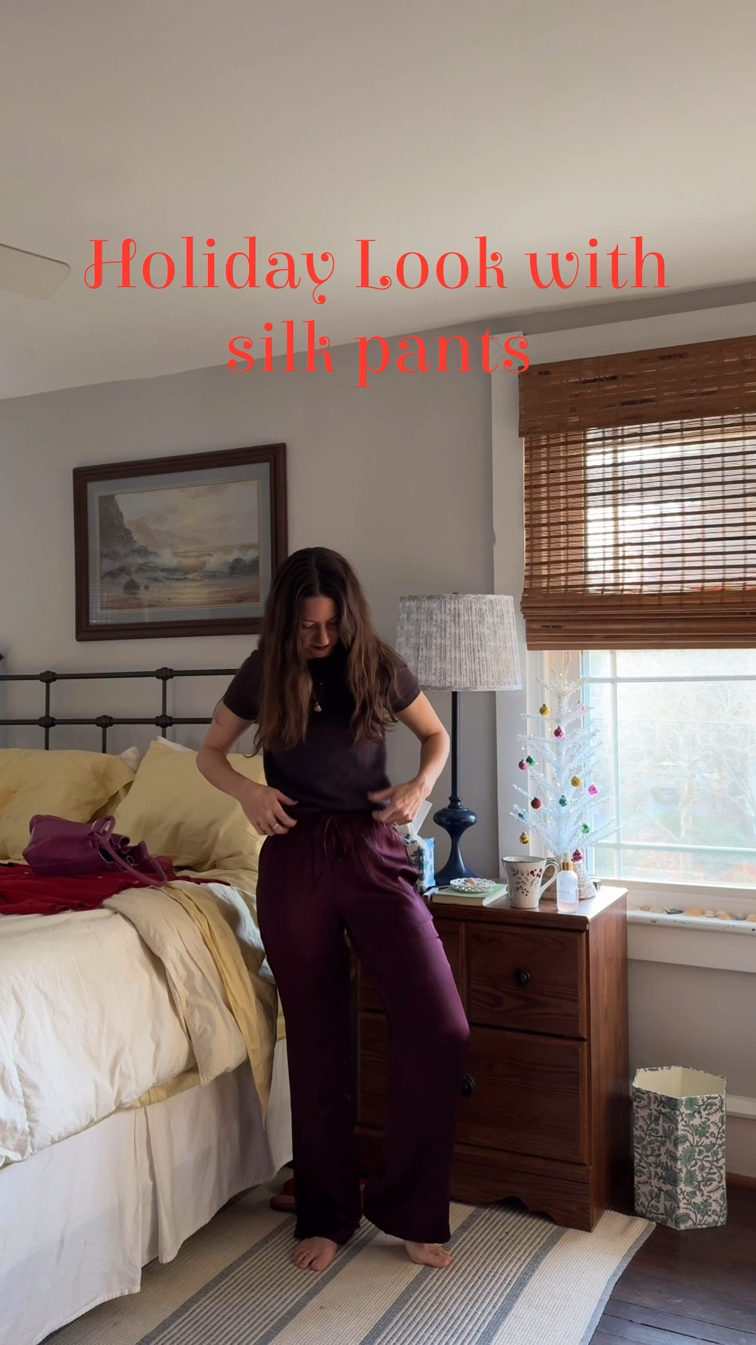 Two ways to wear these pretty washable silk pants for the holidays! For the first look, I added a cashmere tee in a plum shade to offset the burgundy pants & then my feather pink heels for a fun party look. For the second, I wore a red cashmere cardigan with red mules for a more traditional look. Definitely add a red or plum lip! Which one would you wear? 💋🎀🎄

#LTKgrwm #LTKHoliday #LTKFindsUnder100