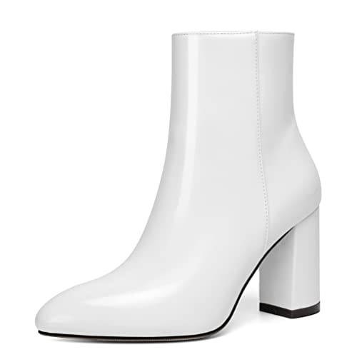 Jiu du Women's Ankle Boots White Boots for Women White GO GO Boots Side Zipper Pointed Toe Chunky High Heels Short Boots Size 7.5 | Amazon (US)