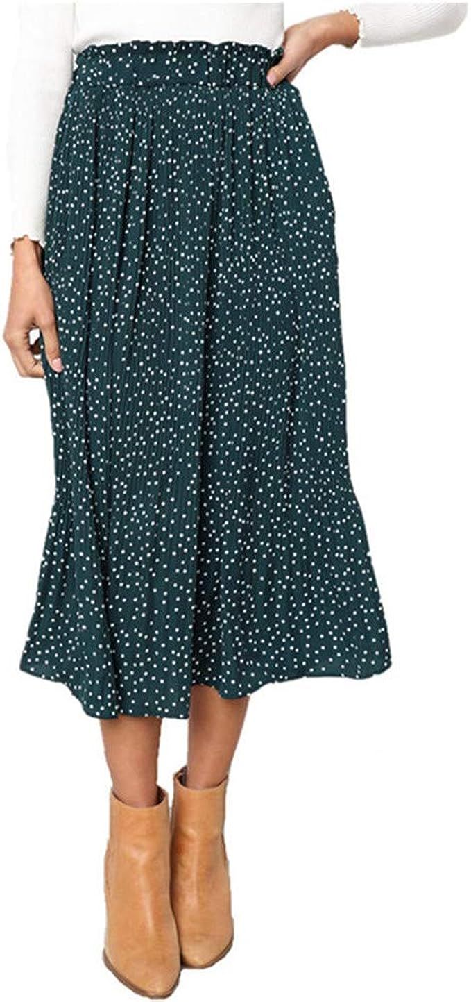 Laiyuan Casual Midi Skirt for Women High Waist Polka Dot Pleated Skirt with Pockets | Amazon (US)