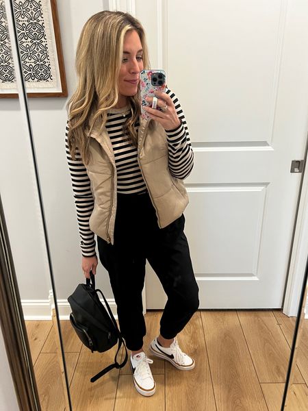 Comfortable and casual while still feeling cute - would be a great travel day outfit too! 🥰

Sizes: 
Medium in stripe shirt (I don’t like my shirts tight - I recommend sizing up) 
Medium in vest 
XS petite in joggers (these run big - size down)

#LTKfindsunder50 #LTKSeasonal #LTKtravel