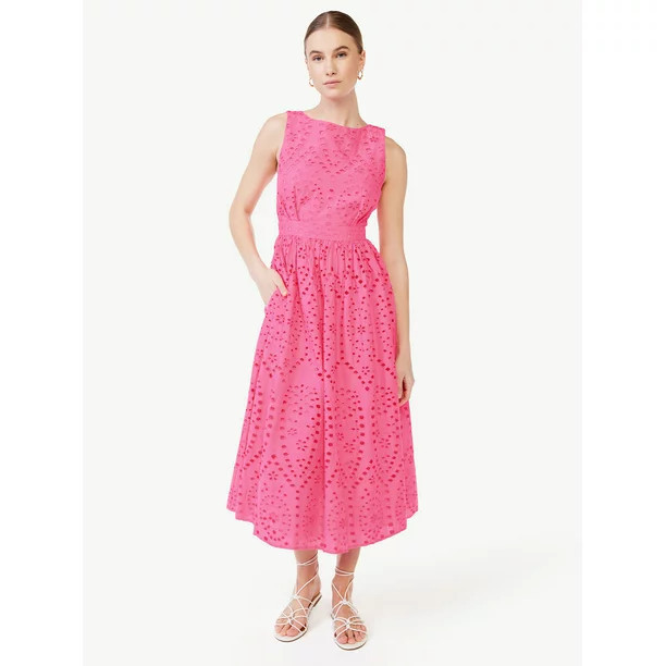 Scoop Women's Sleeveless Eyelet Bow Back Fit and Flare Midi Dress | Walmart (US)