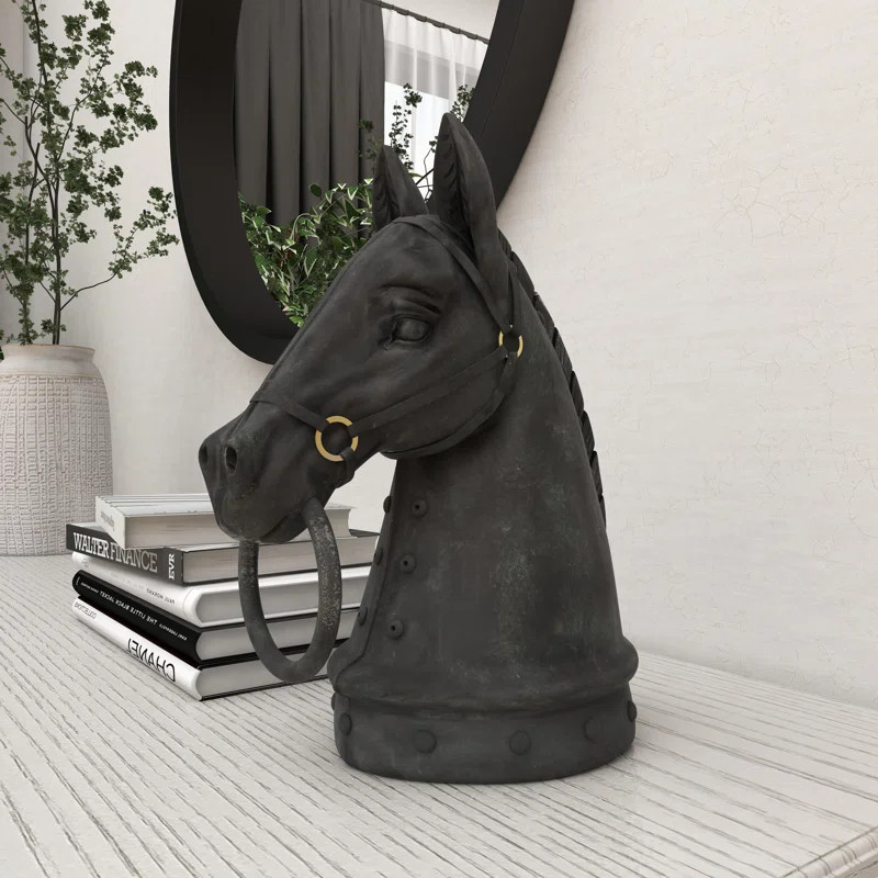 Lula Polystone Antique Style Head Horse Decorative Sculpture with Hitching Post and Gold Accents | Wayfair North America