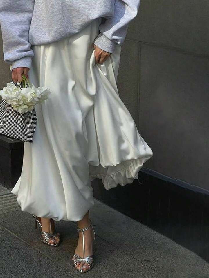 SHEIN Frenchy Women's Beige Satin Pleated Bubble Long Skirt,Minimalist A-Line Skirt, Tutu Skirt,C... | SHEIN