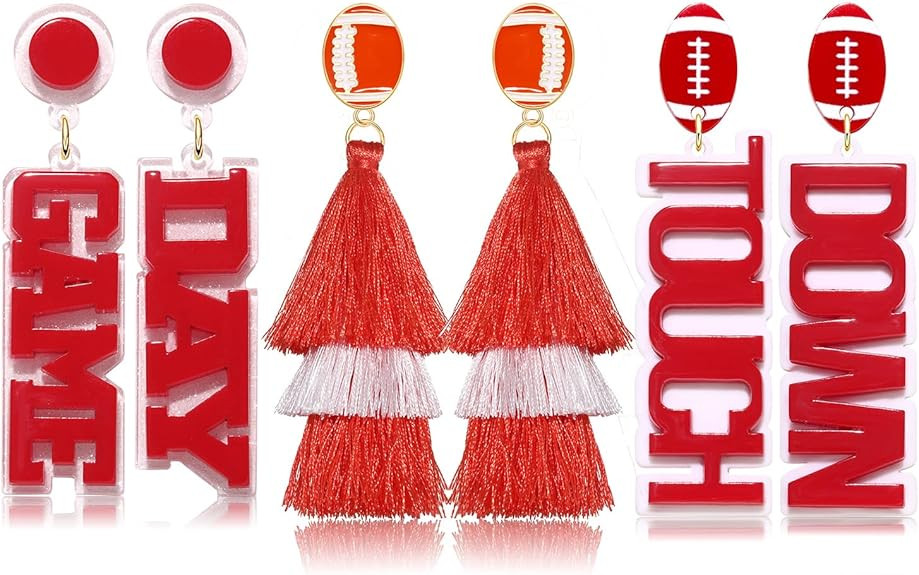 2/3 Pairs Game Day Earrings for Women Beaded Football Earrings Sports Tassel Earrings Game Day Ou... | Amazon (US)
