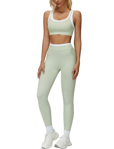 Womens Workout Sets Two Piece Racerback U Back Color Block Crop Tank Sports Bras Matching Tummy Control Leggings 2 Piece for Women Gym Yoga Active Wear Pilates Outfits Work Out Set Fruit Green M | Amazon (US)