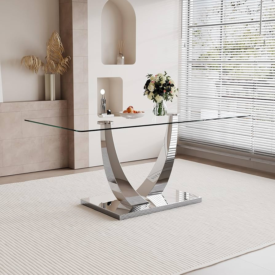 71 inch Modern Glass Dining Table, with Clear Tempered Glass Rectangle Table Top and Sleek Silver... | Amazon (US)