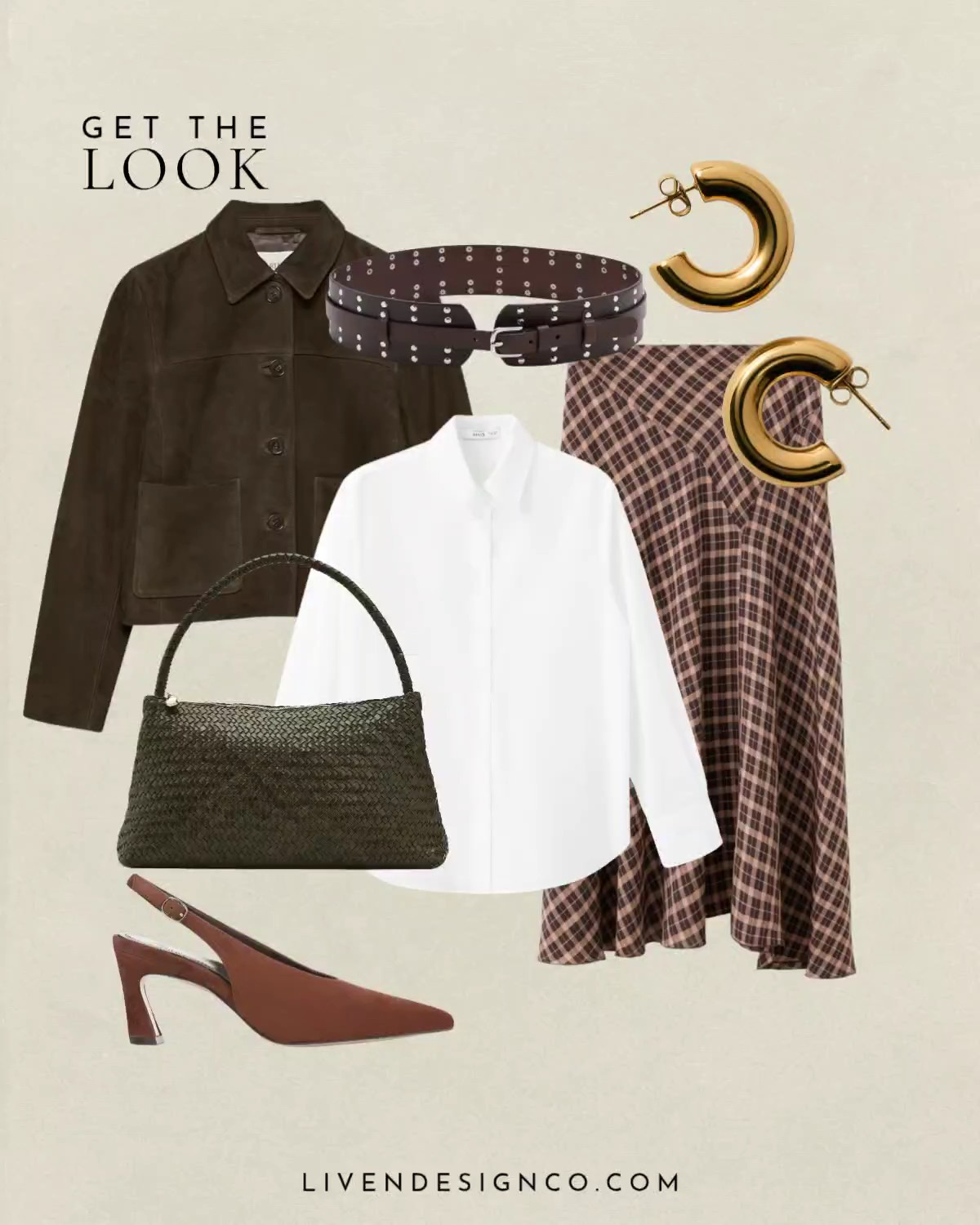 Get the look. Fall outfits. Womens outfits. Fall style. Style inspiration. Plaid midi skirt. Asymmetrical skirt. Suede jacket. Button up shirt. Style staples. Slingback heels. Olive green suede braided woven handbag. Studded belt. Statement belt. Mango. Gold hoop earrings. Fall transitional outfits

#LTKSeasonal #LTKSaleAlert