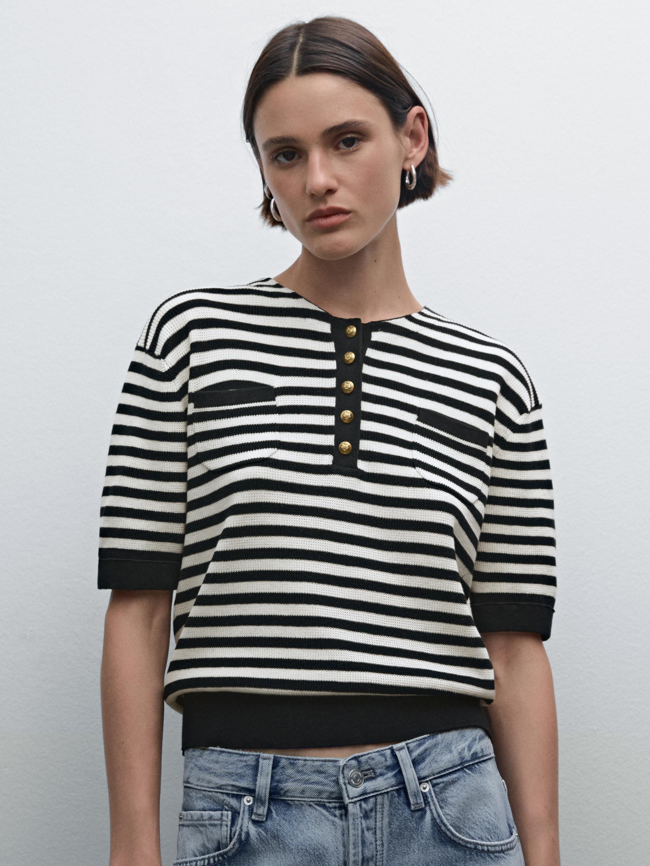 Knit jumper made of 100% cotton fabric . Crew neck. Short sleeves. Golden diamanté buttons on th... | Massimo Dutti US