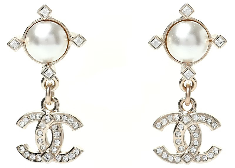 Chanel Crystal Pearl CC Drop Earrings Gold | StockX