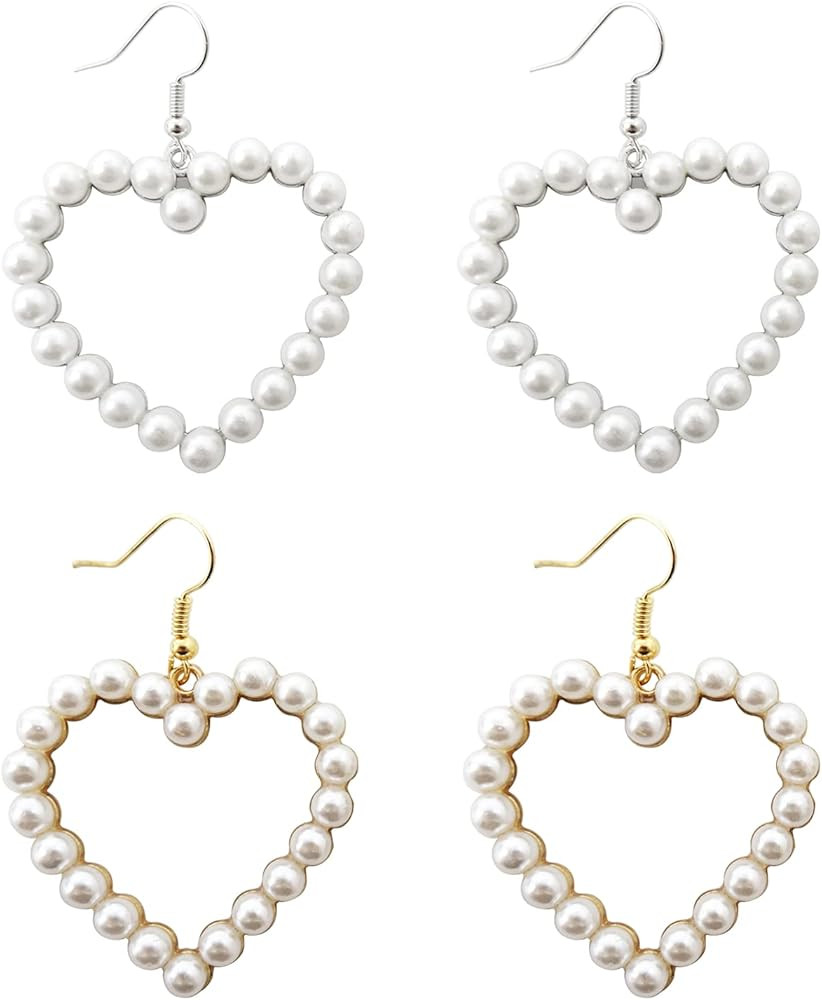 Honbay 2 Pairs Pearl Heart Dangle Earrings Love Heart Earrings Vintage Pearl Hoop Studs Circle Beade | Amazon (US)