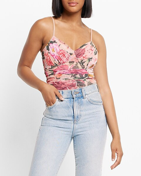 Body Contour Floral Mesh Cami Thong Bodysuit With Removeable Cups | Express