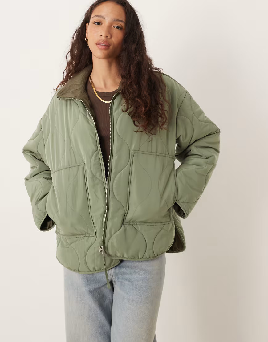 JJXX Serena high neck quilted jacket in green | ASOS (Global)