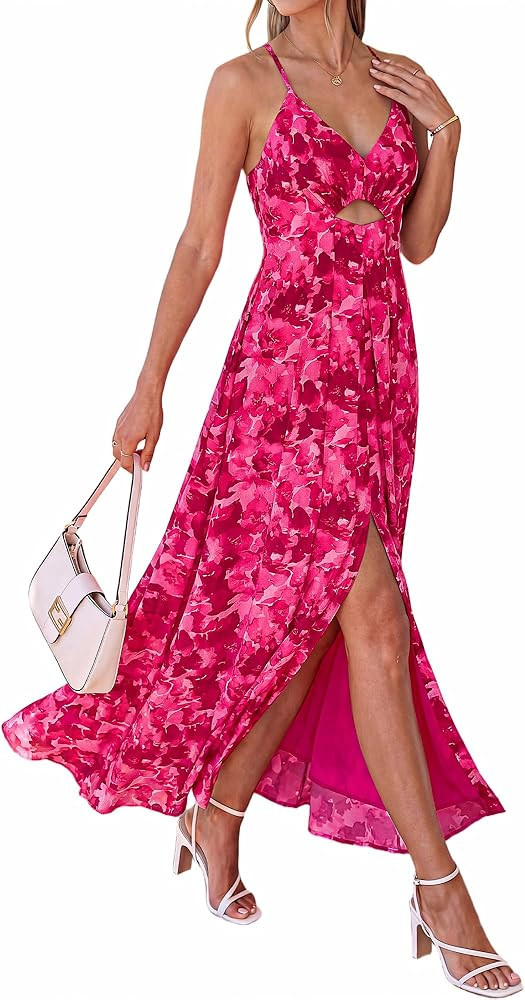 BTFBM Summer Dresses for Women 2026 Spring Floral Spaghetti Strap Smocked Cutout Maxi Dress Resor... | Amazon (US)