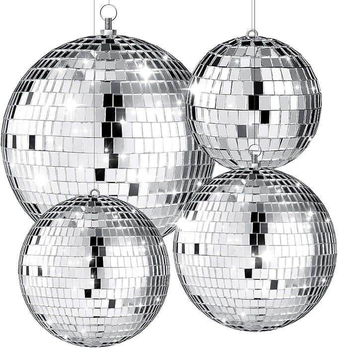 4 Pcs Large Disco Ball Decor- Silver Hanging Mirror Disco Balls Ornament for New Year Decor Chris... | Amazon (US)