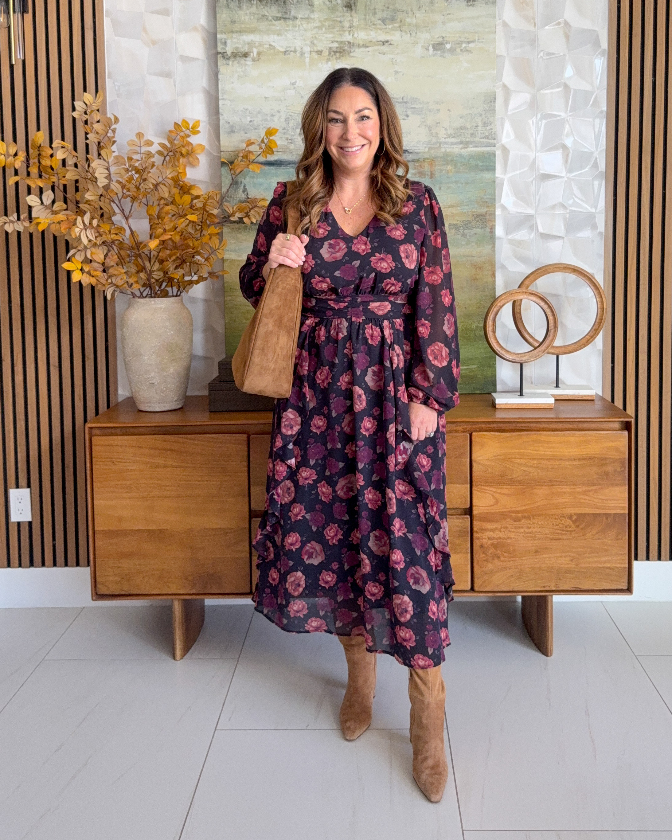 Fall floral, styled for the season 🤎 Black and pink rose print long-sleeve midi dress dressed for fall with a tan suede tote and cognac suede knee-high boots. An easy dress-and-boots look for date night, brunch, or fall events. Sizing: tts, large  

 #LTKSeasonal #LTKOver40 #LTKMidsize
