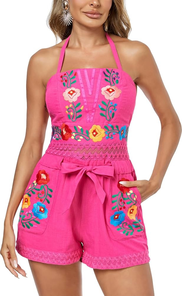 Rompers for Women Summer Boho Embroidered Floral Sleeveless Halter Flowy Casual Tank Top Short Ju... | Amazon (US)