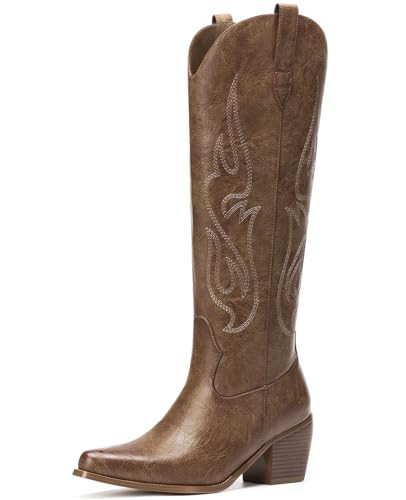 Pasuot Western Cowboy Boots for Women - Knee High Wide Calf Cowgirl Boots, Slip On Pointed Toe Chunky Heel Fashion Retro Classic Pull On Tall Boot for ladies Party concert Brown US 5.5 | Amazon (US)