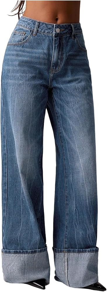 OYOANGLE Women's Y2K Low Rise Jeans Wide Leg Cuffed Denim Pants Streetwear | Amazon (US)